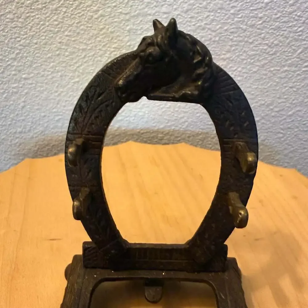 Antique Cast Iron Horseshoe and Horse Head Desk Inkwell Stand